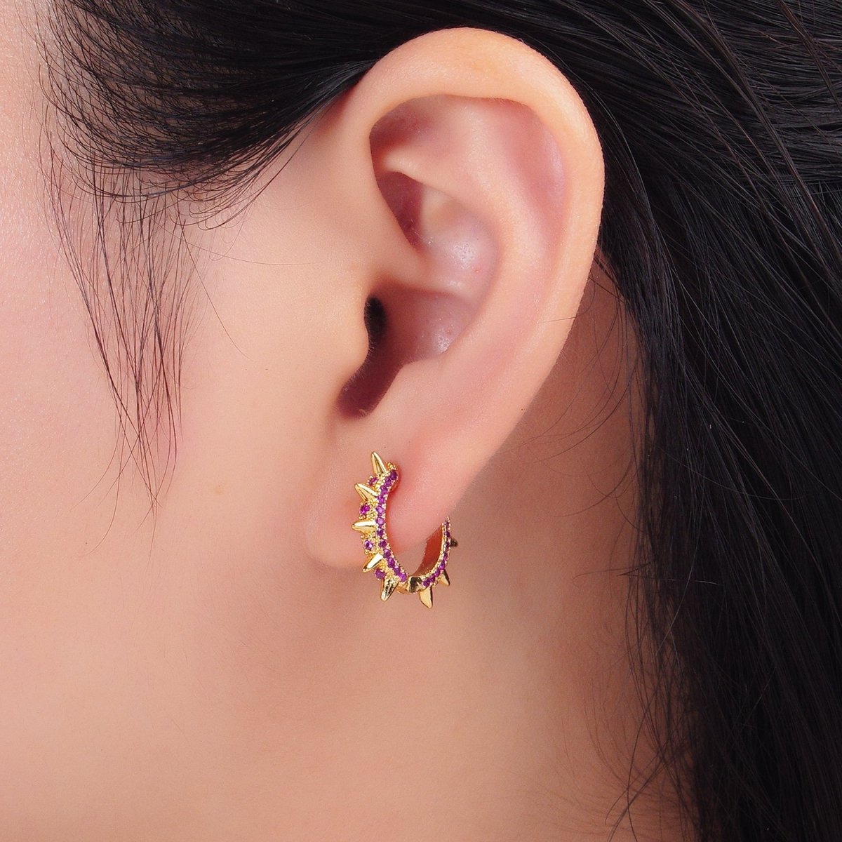 24k Gold Filled Spike Hoops, Studded Hoop Earring Set