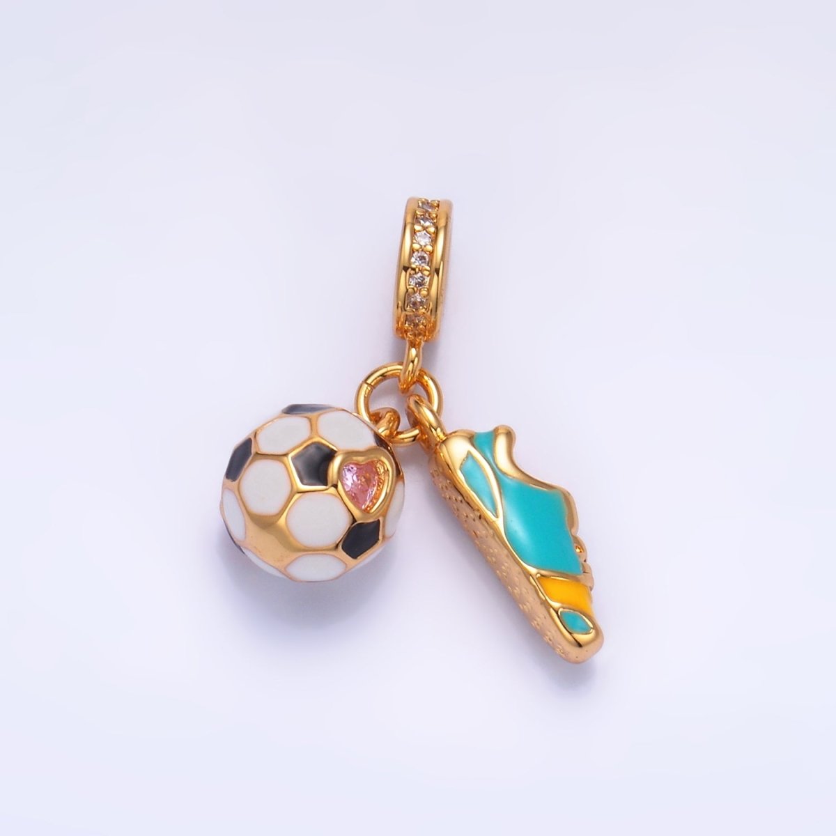 24K Gold Filled Sports Soccer Ball Shoes Enamel Micro Paved CZ Rhondelle Drop Pendant | W334 - DLUXCA