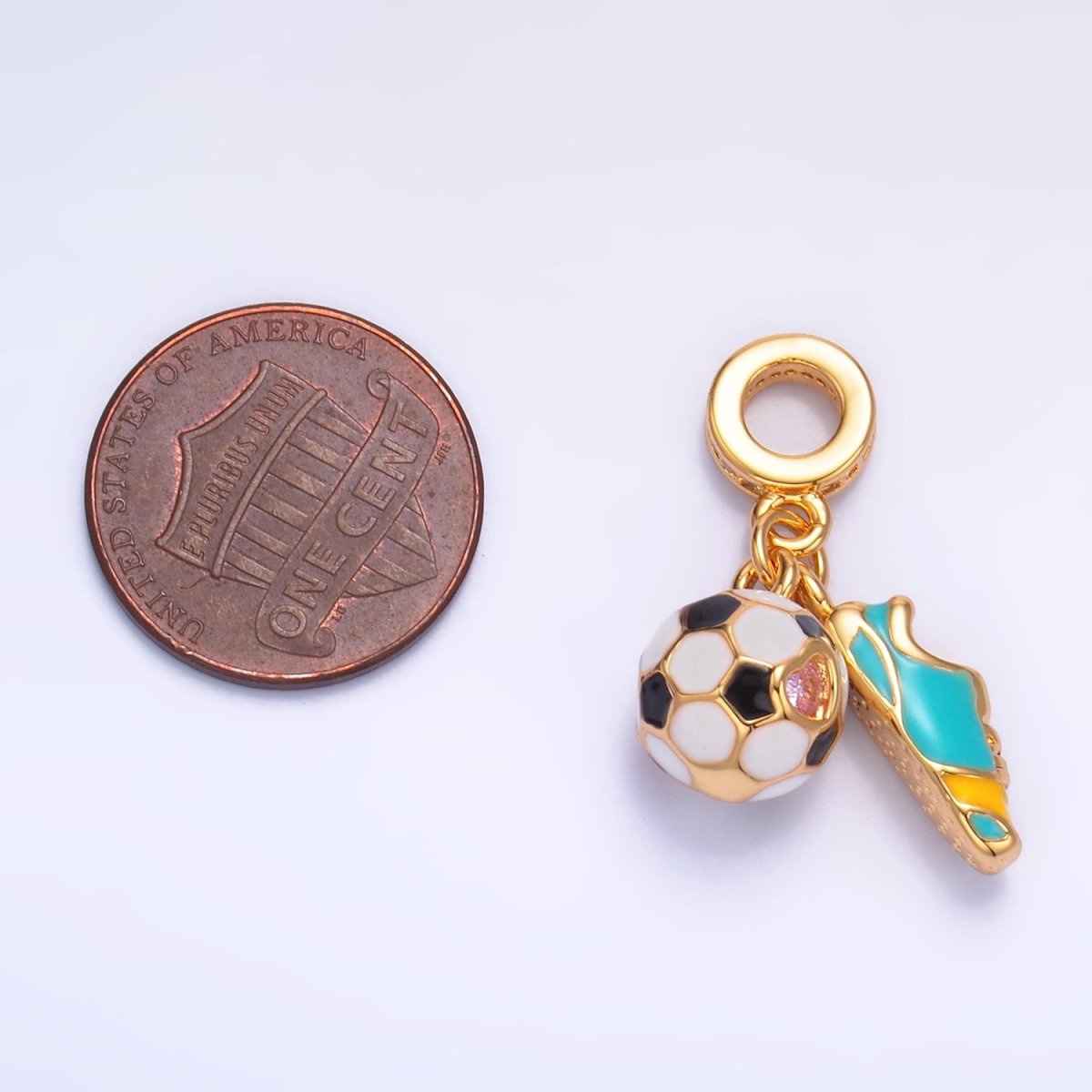 24K Gold Filled Sports Soccer Ball Shoes Enamel Micro Paved CZ Rhondelle Drop Pendant | W334 - DLUXCA