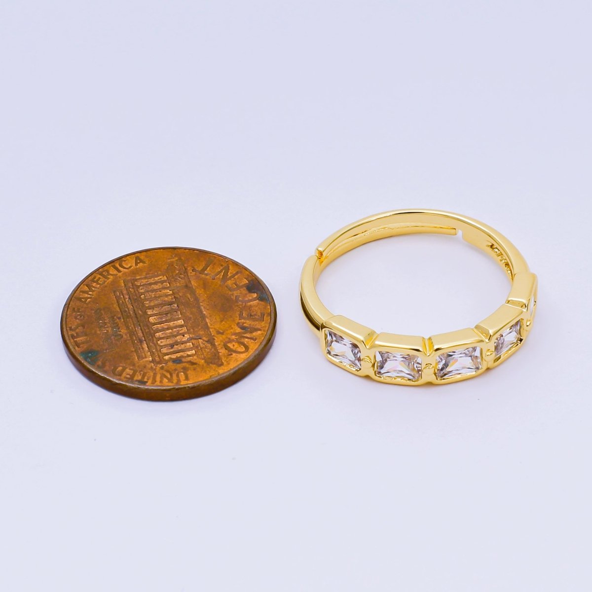 24K Gold Filled Square CZ Five - Stone Horizon Simple Round Baguette Adjustable Ring | O - 1457 - DLUXCA