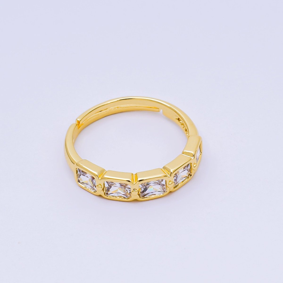 24K Gold Filled Square CZ Five - Stone Horizon Simple Round Baguette Adjustable Ring | O - 1457 - DLUXCA