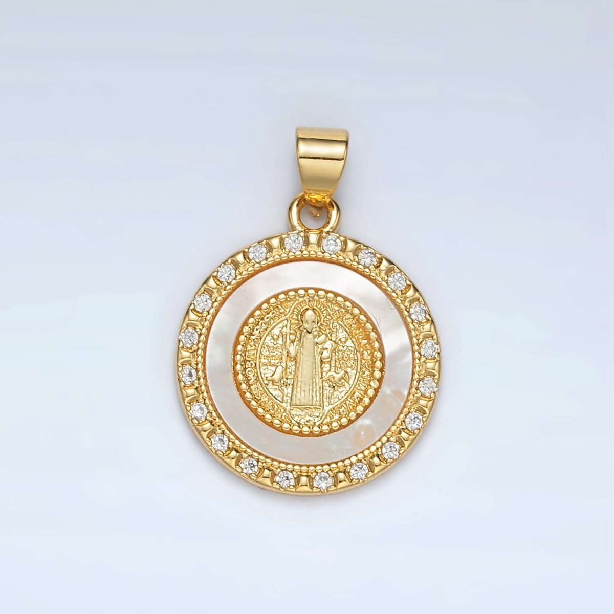 24K Gold Filled St Saint Benedict Shell Pearl Micro Paved CZ Round Pendant | AH184 - DLUXCA