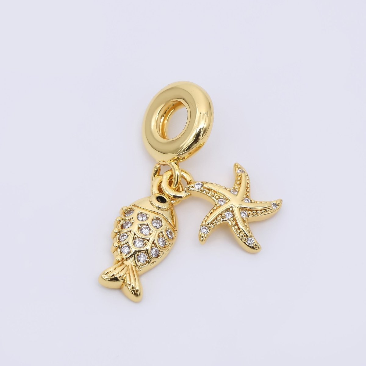 24K Gold Filled Starfish Sardine Fish Micro Paved CZ Rondelle Drop Charm | AC1644 - DLUXCA