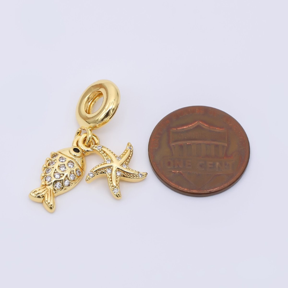 24K Gold Filled Starfish Sardine Fish Micro Paved CZ Rondelle Drop Charm | AC1644 - DLUXCA