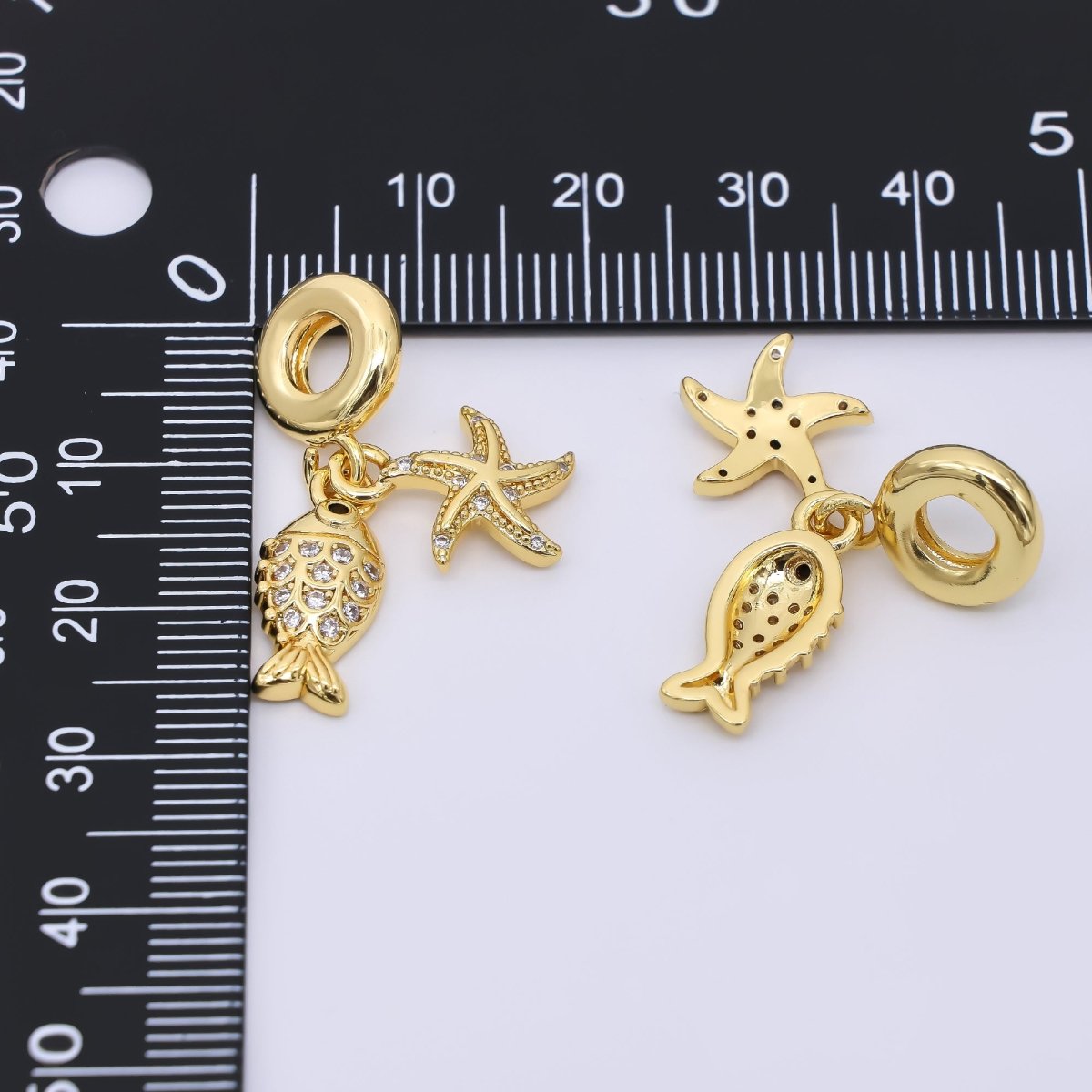 24K Gold Filled Starfish Sardine Fish Micro Paved CZ Rondelle Drop Charm | AC1644 - DLUXCA