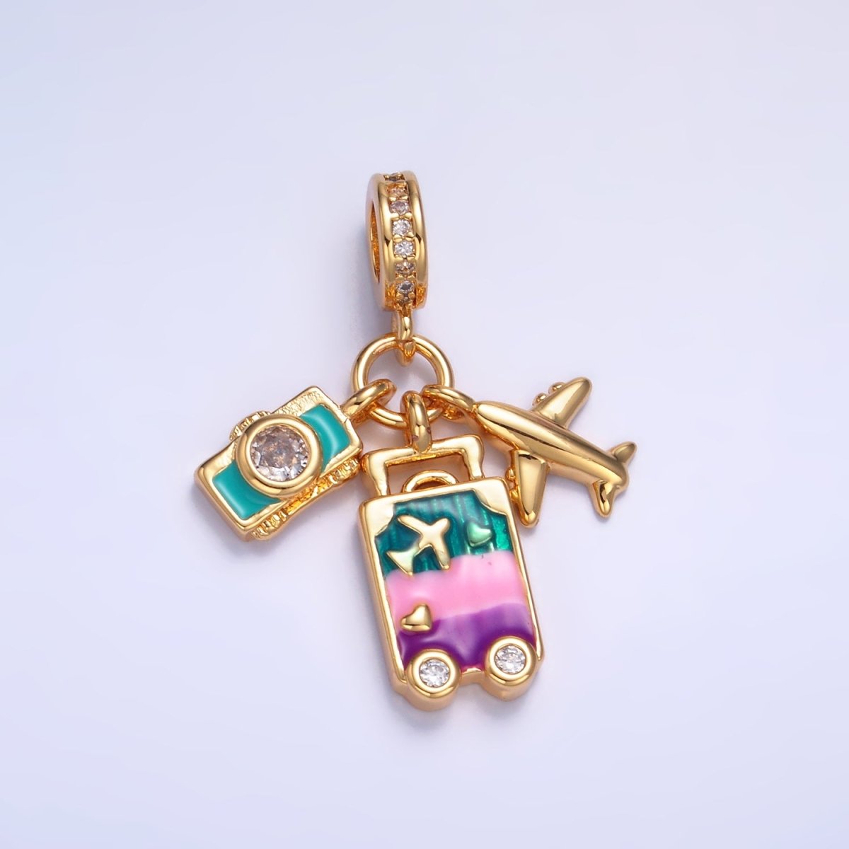 24K Gold Filled Suitcase Camera Airplane Travel CZ Rhondelle Drop Pendant | W444 - DLUXCA