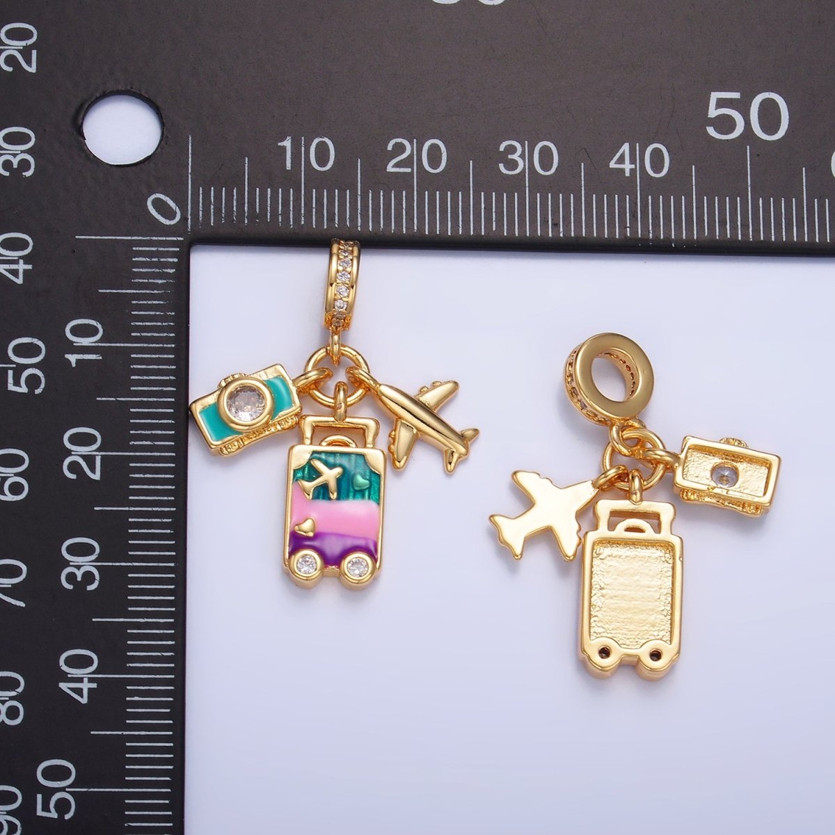 24K Gold Filled Suitcase Camera Airplane Travel CZ Rhondelle Drop Pendant | W444 - DLUXCA