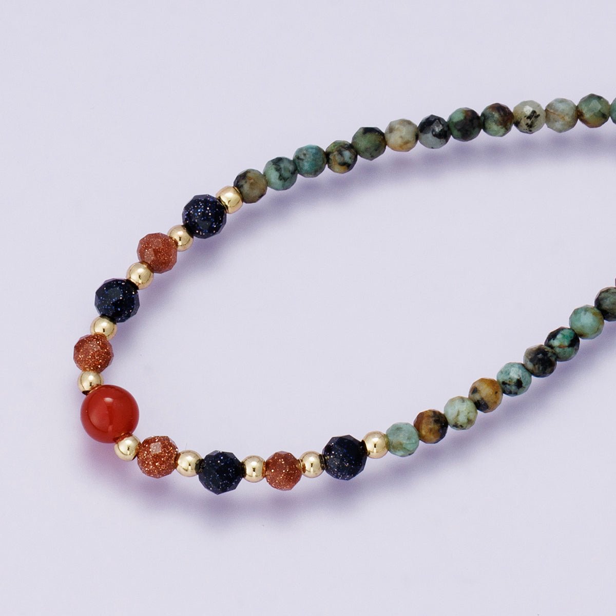 24K Gold Filled Sunstone Amazonite Round Multifaceted Gemstone Figaro Chain Half 18 Inch Necklace w. Extender | WA - 04227 - DLUXCA
