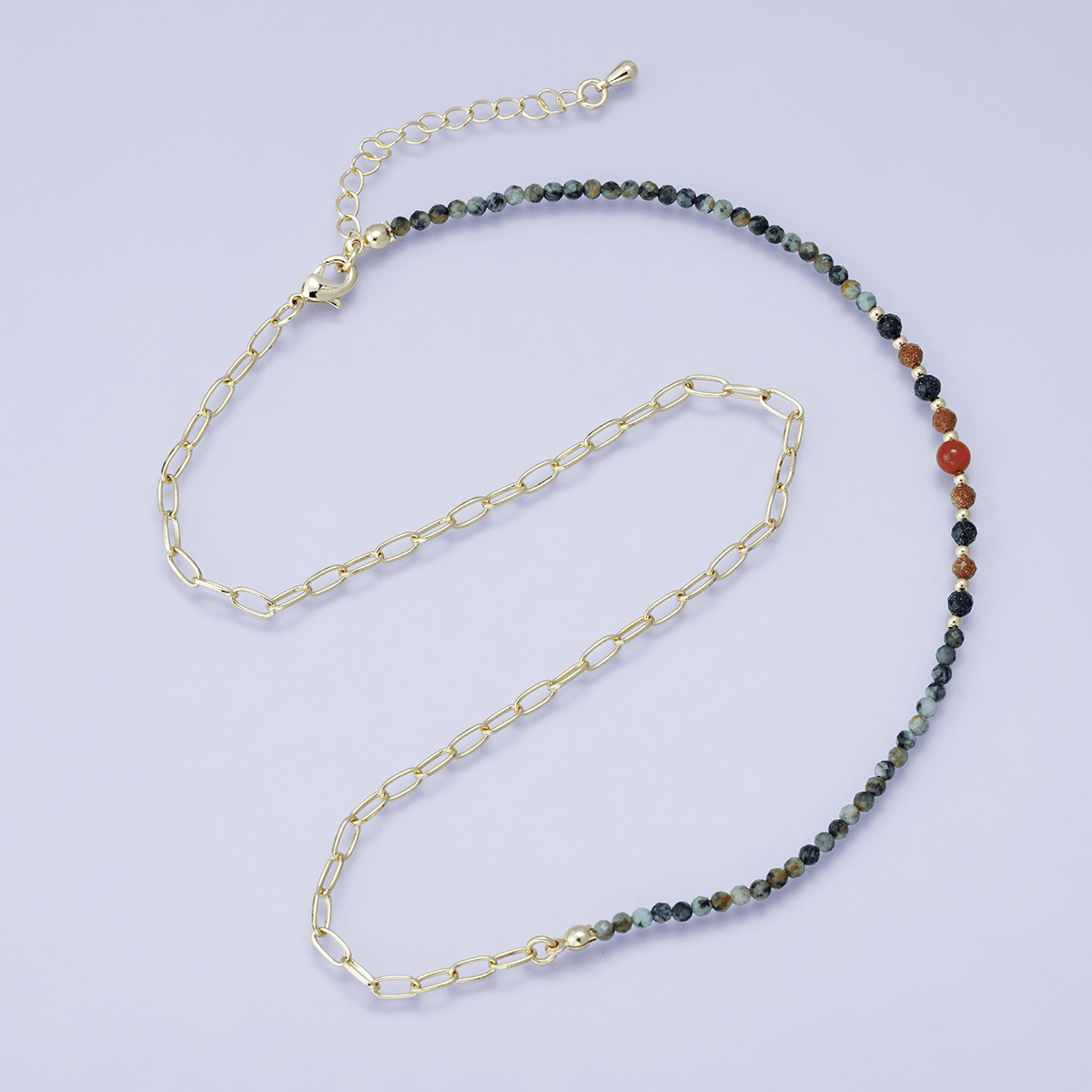 24K Gold Filled Sunstone Amazonite Round Multifaceted Gemstone Paperclip Chain Half 17.5 Inch Necklace w. Extender | WA - 04201 - DLUXCA