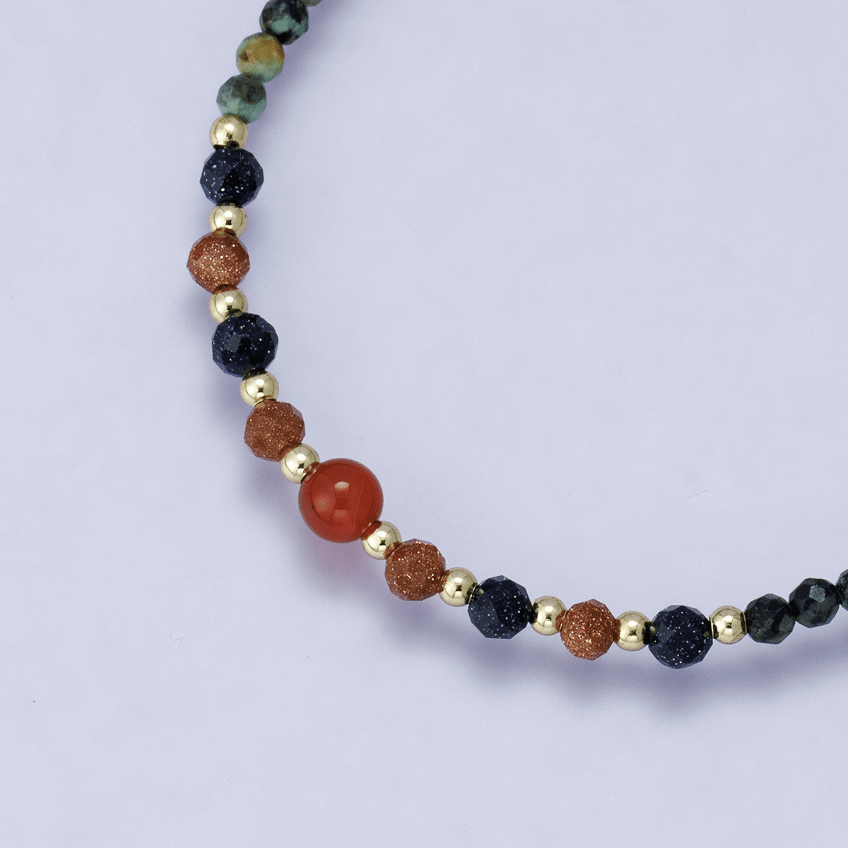 24K Gold Filled Sunstone Amazonite Round Multifaceted Gemstone Paperclip Chain Half 17.5 Inch Necklace w. Extender | WA - 04201 - DLUXCA