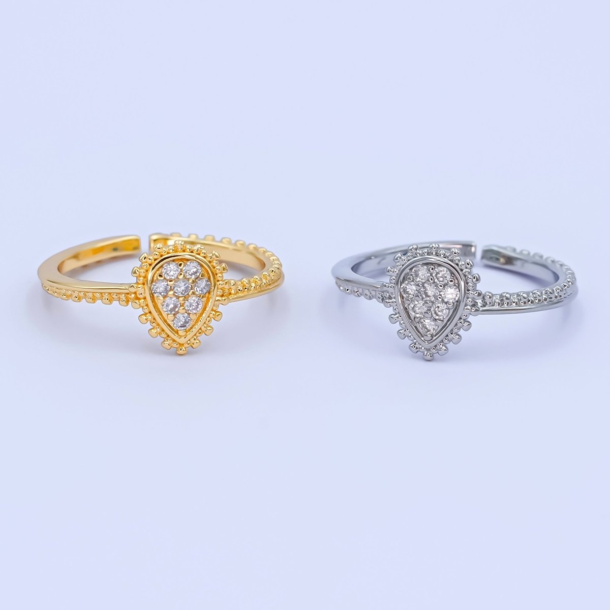 24K Gold Filled Teardrop CZ Micro Paved Dotted Ring in Silver & Gold | O730 O731 - DLUXCA
