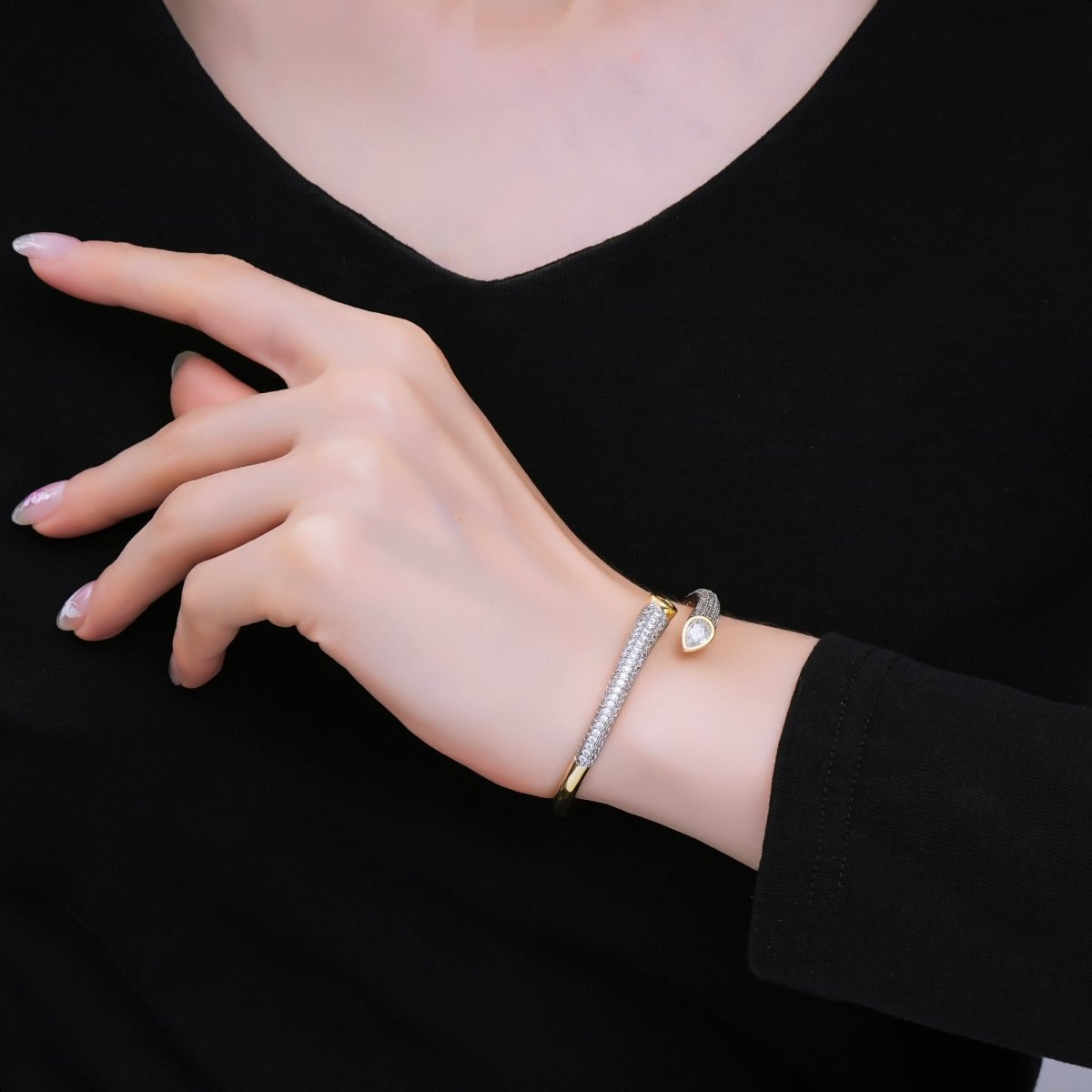 24K Gold Filled Teardrop CZ Micro Paved Wrap Bangle Bracelet | WA - 1463 - DLUXCA