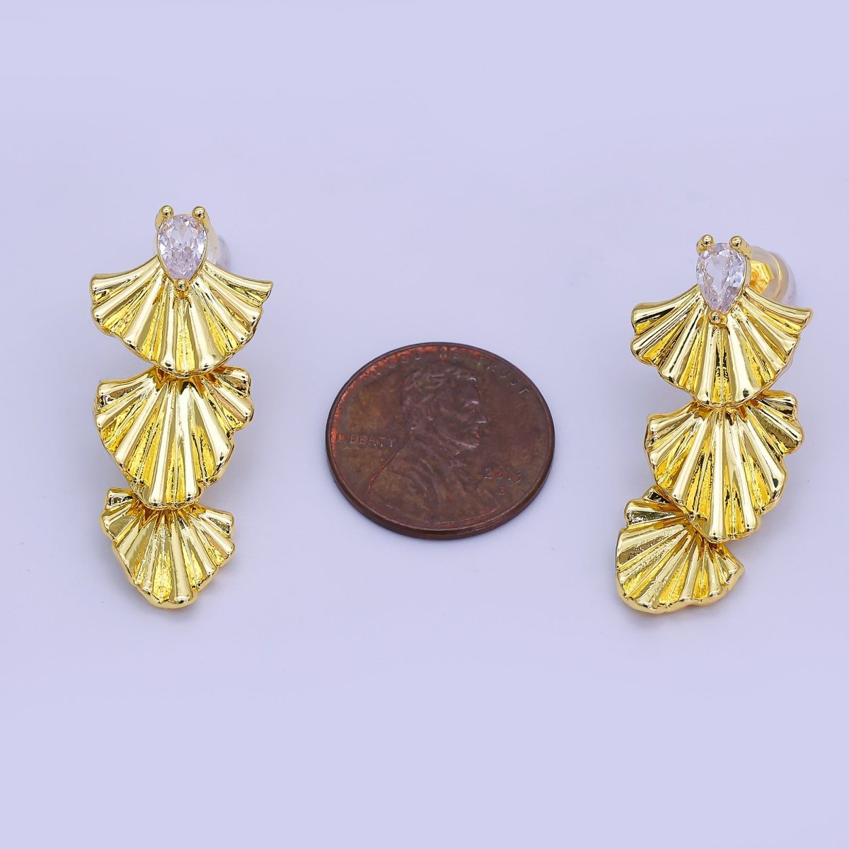 24K Gold Filled Teardrop CZ Sunburst Foil Drop Stud Earrings | AI438 - DLUXCA