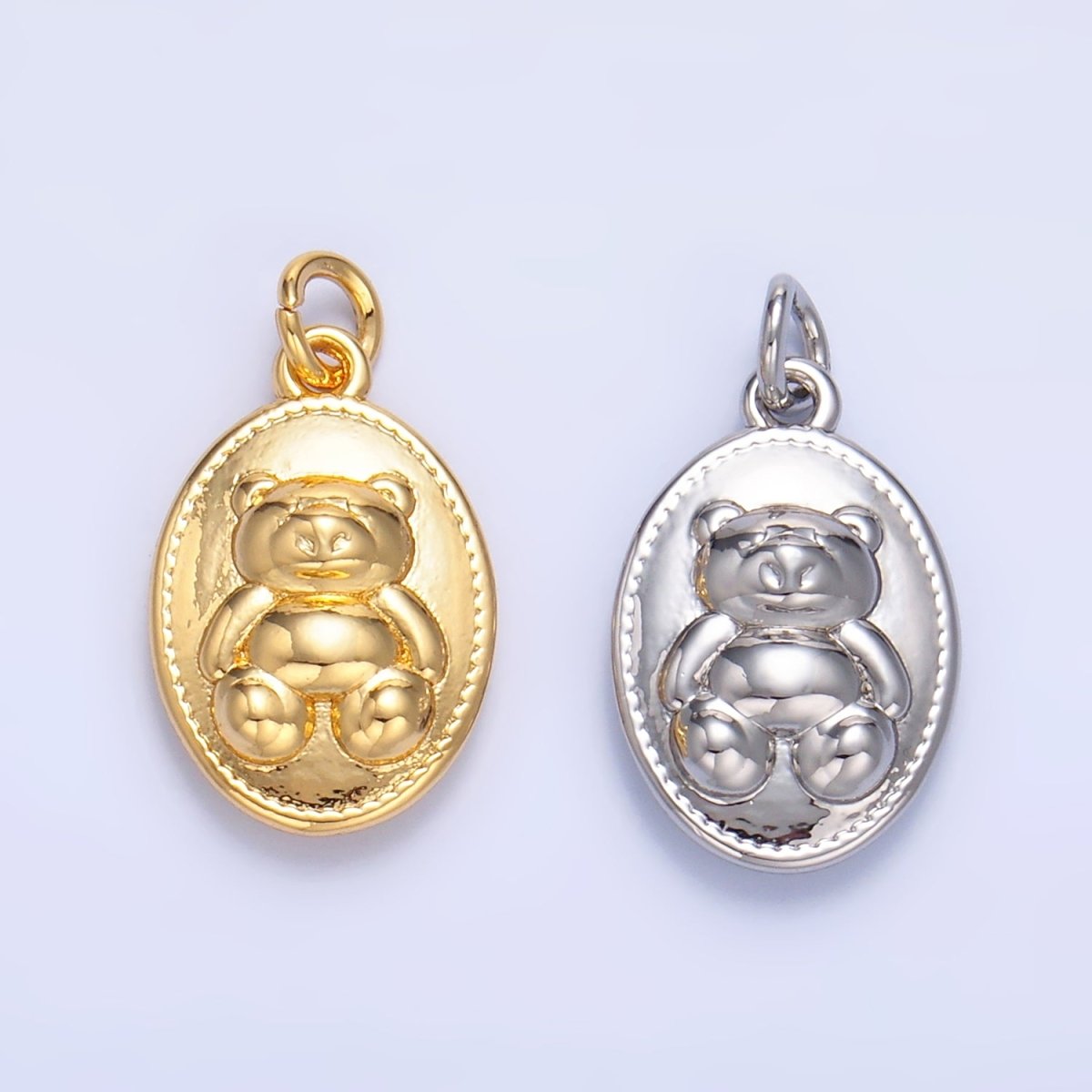 24K Gold Filled Teddy Bear Oval Charm in Gold & Silver | W217 - DLUXCA