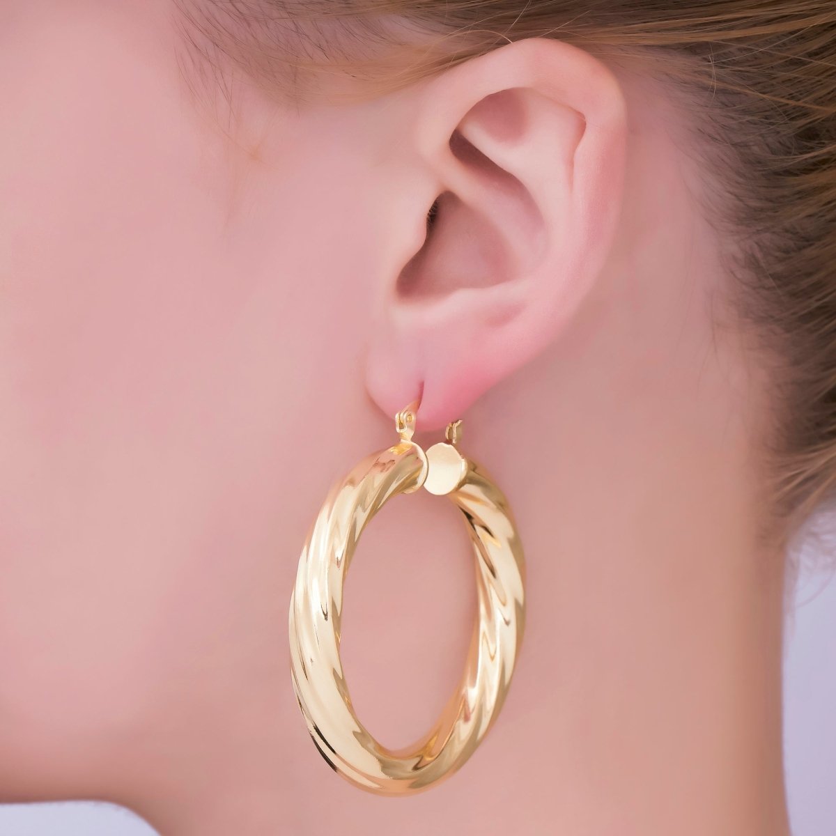 24K Gold Filled Thick & Spiral Golden Twist French Lock Hoops Earrings | AJ - 100 - DLUXCA