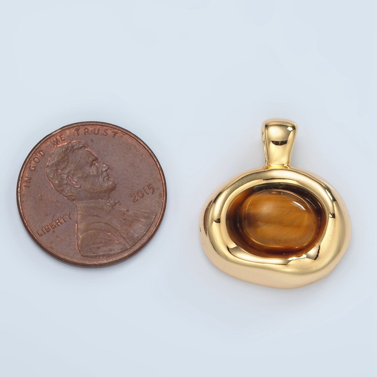 24K Gold Filled Tiger Eye Gemstone Oval Molten Bezel Pendant | H876 - DLUXCA