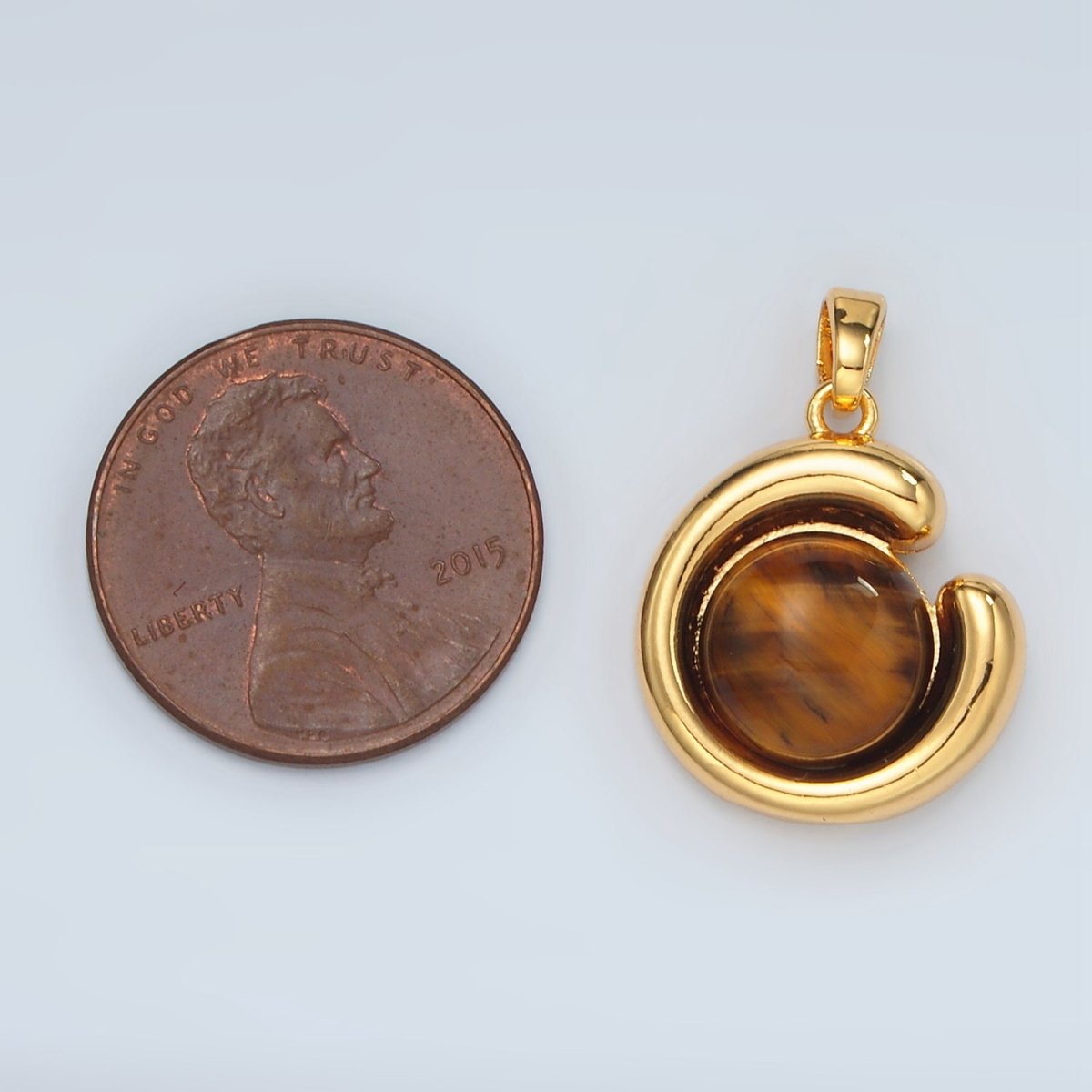 24K Gold Filled Tiger Eye Gemstone Round Curved Bezel Pendant | H809 - DLUXCA