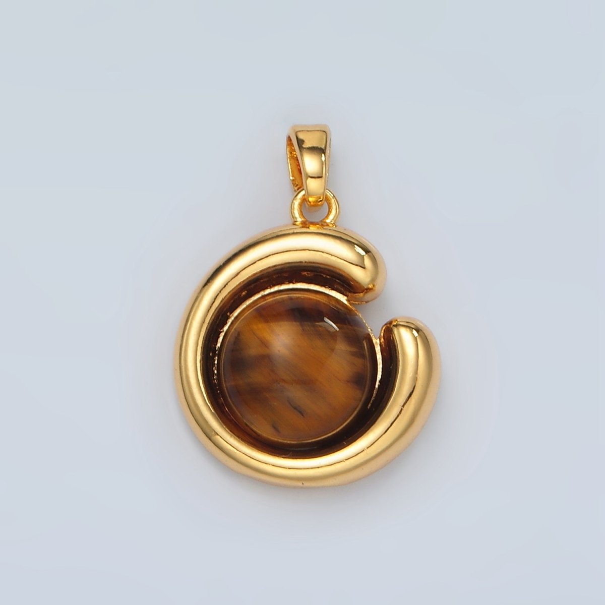 24K Gold Filled Tiger Eye Gemstone Round Curved Bezel Pendant | H809 - DLUXCA