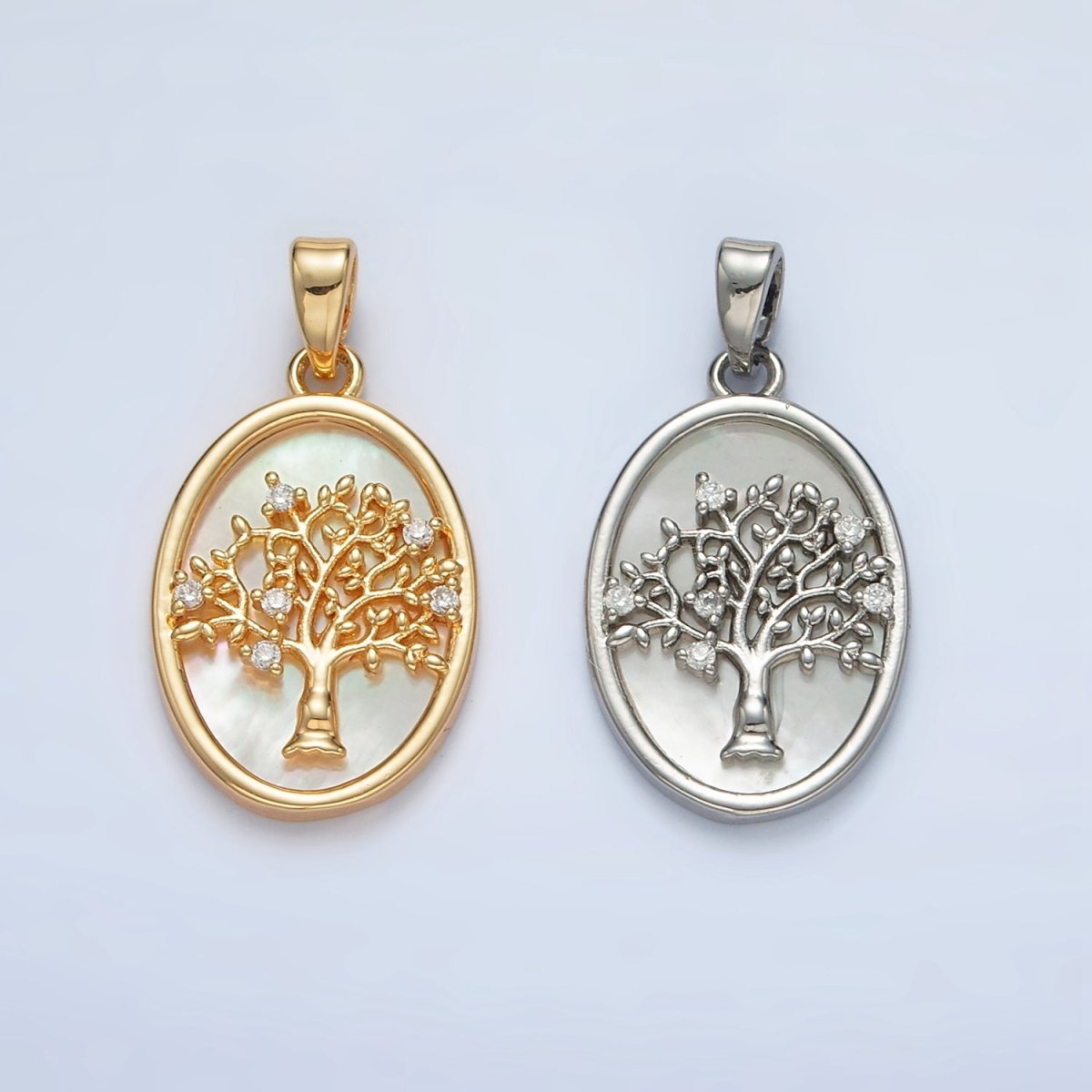 24K Gold Filled Tree CZ Shell Pearl Bezel Oval Pendant in Gold & Silver | AA1525 - DLUXCA