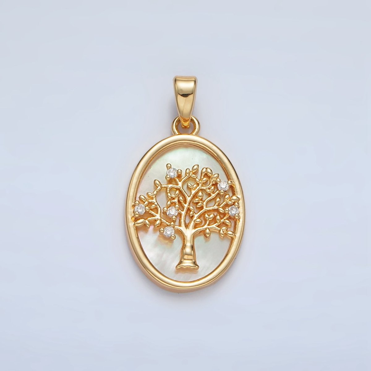 24K Gold Filled Tree CZ Shell Pearl Bezel Oval Pendant in Gold & Silver | AA1525 - DLUXCA