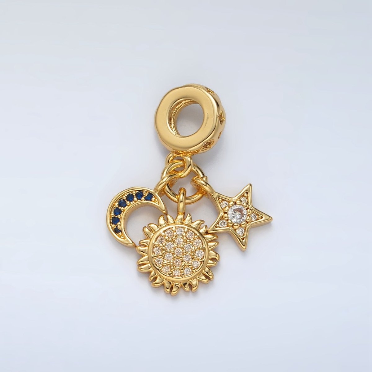 24K Gold Filled Triple Celestial Sun Star Crescent Moon Micro Paved CZ Rhondelle Bail Drop Pendant | AC082 - DLUXCA