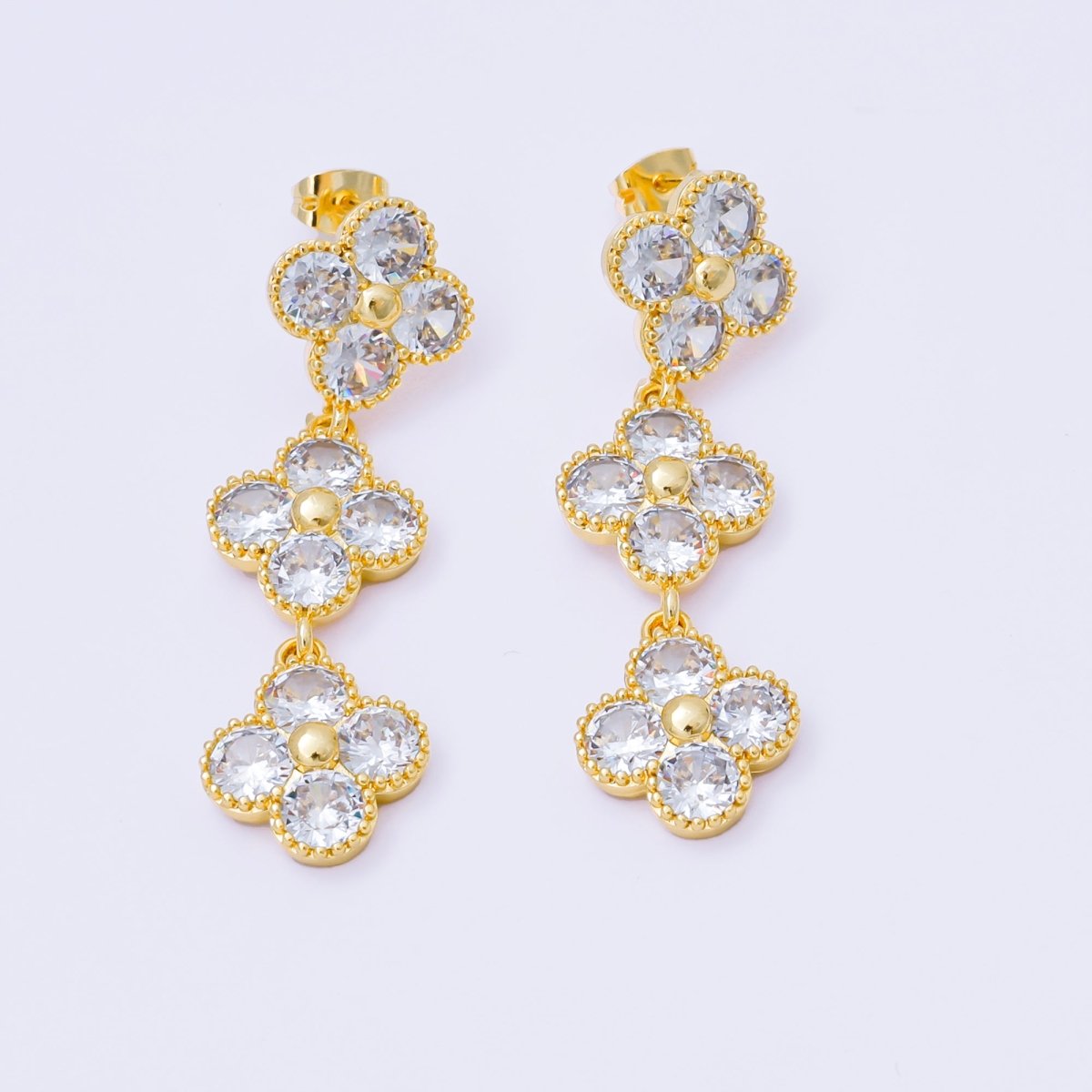 24K Gold Filled Triple Clear CZ Clover CZ Drop Stud Earrings | AI1566 - DLUXCA