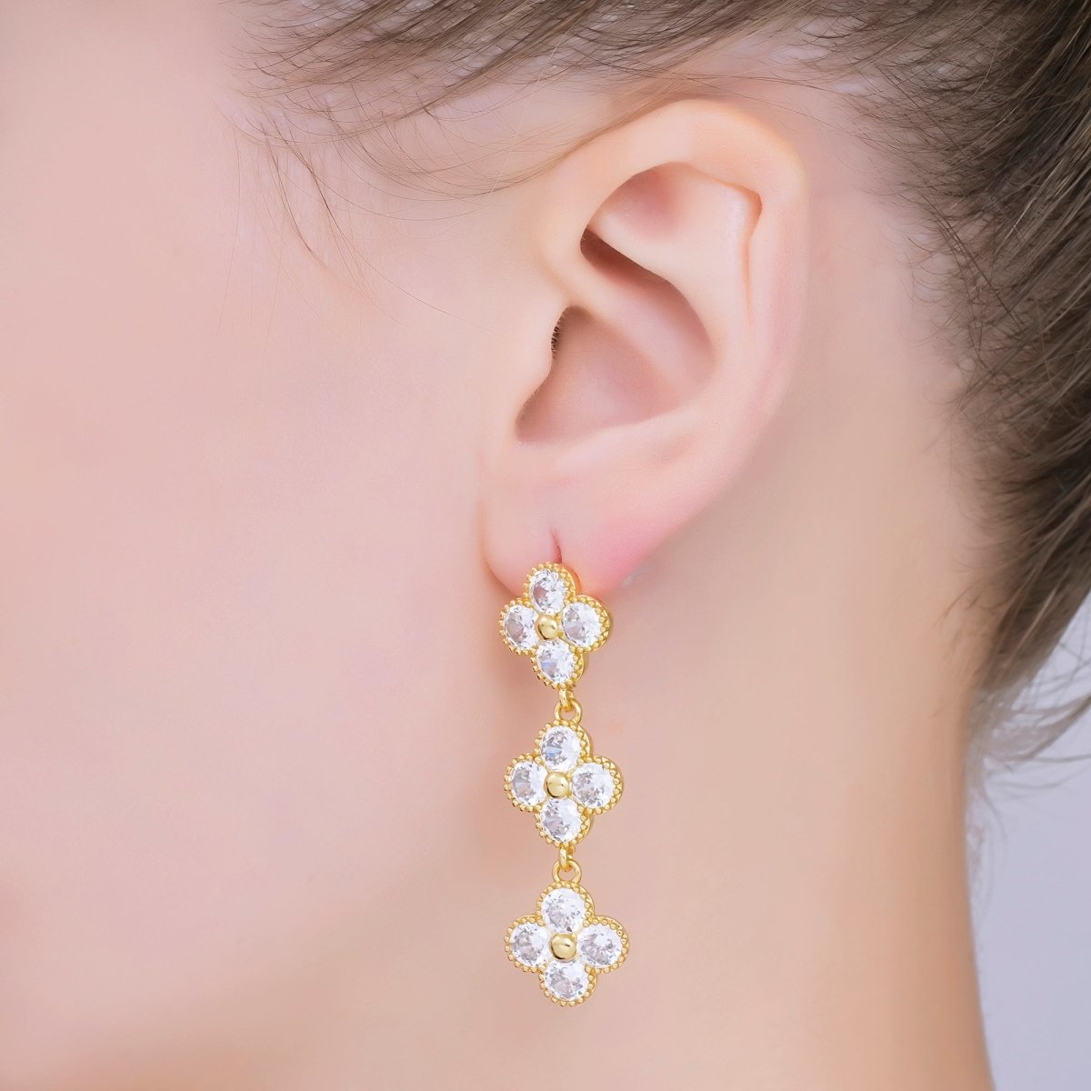 24K Gold Filled Triple Clear CZ Clover CZ Drop Stud Earrings | AI1566 - DLUXCA