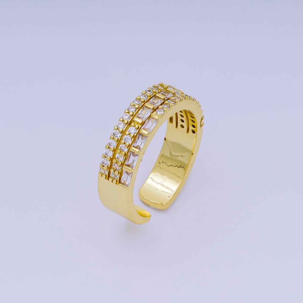 24K Gold Filled Triple - Layered Clear Baguette & Micro Paved CZ Cluster Adjustable Ring | O - 1485 - DLUXCA