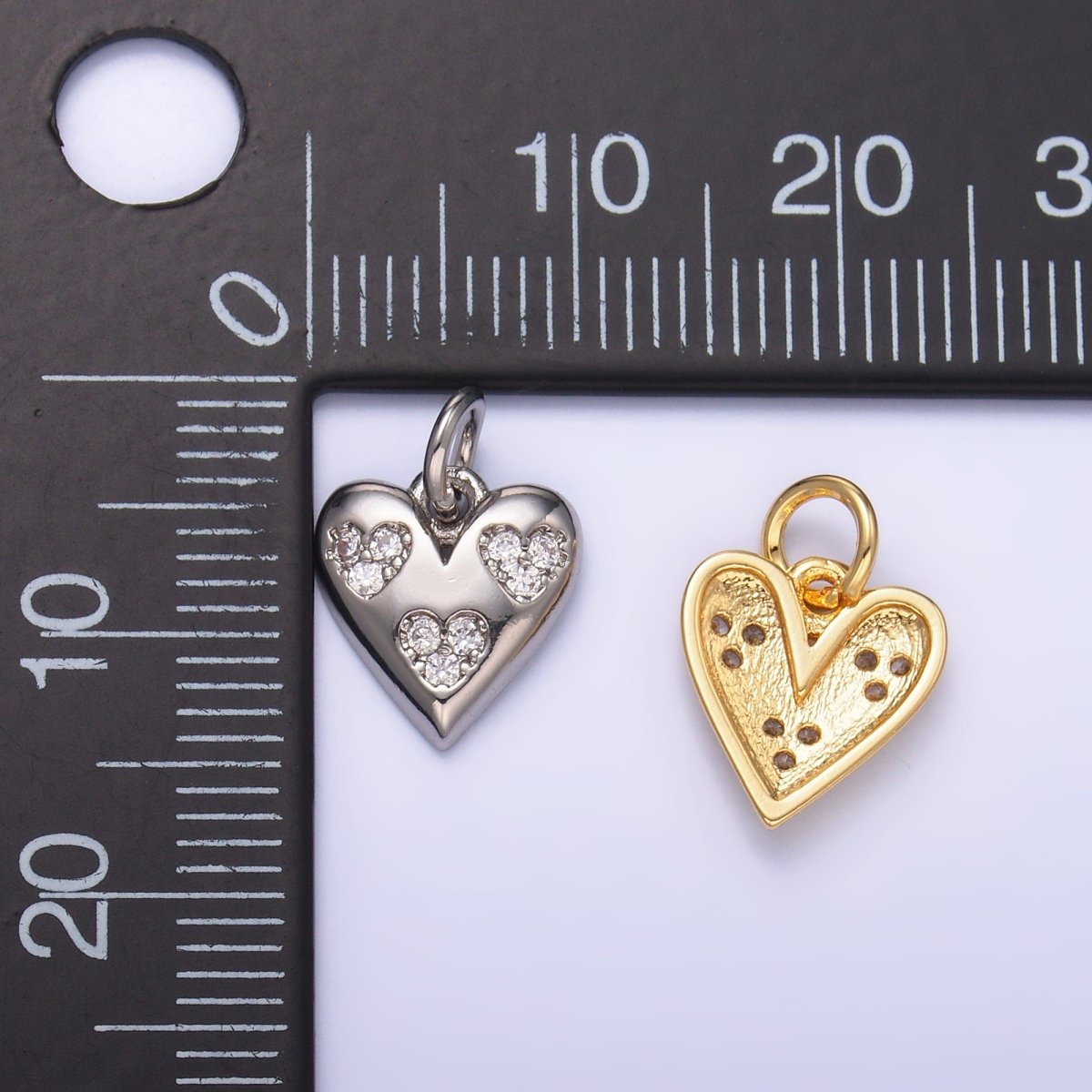 24K Gold Filled Triple Micro Paved CZ Heart Charm in Gold & Silver | C475 - DLUXCA