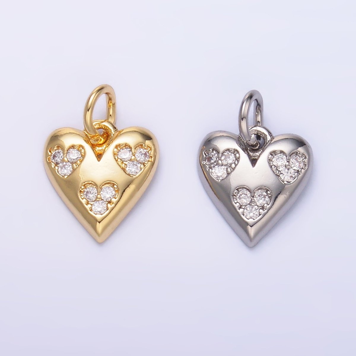 24K Gold Filled Triple Micro Paved CZ Heart Charm in Gold & Silver | C475 - DLUXCA