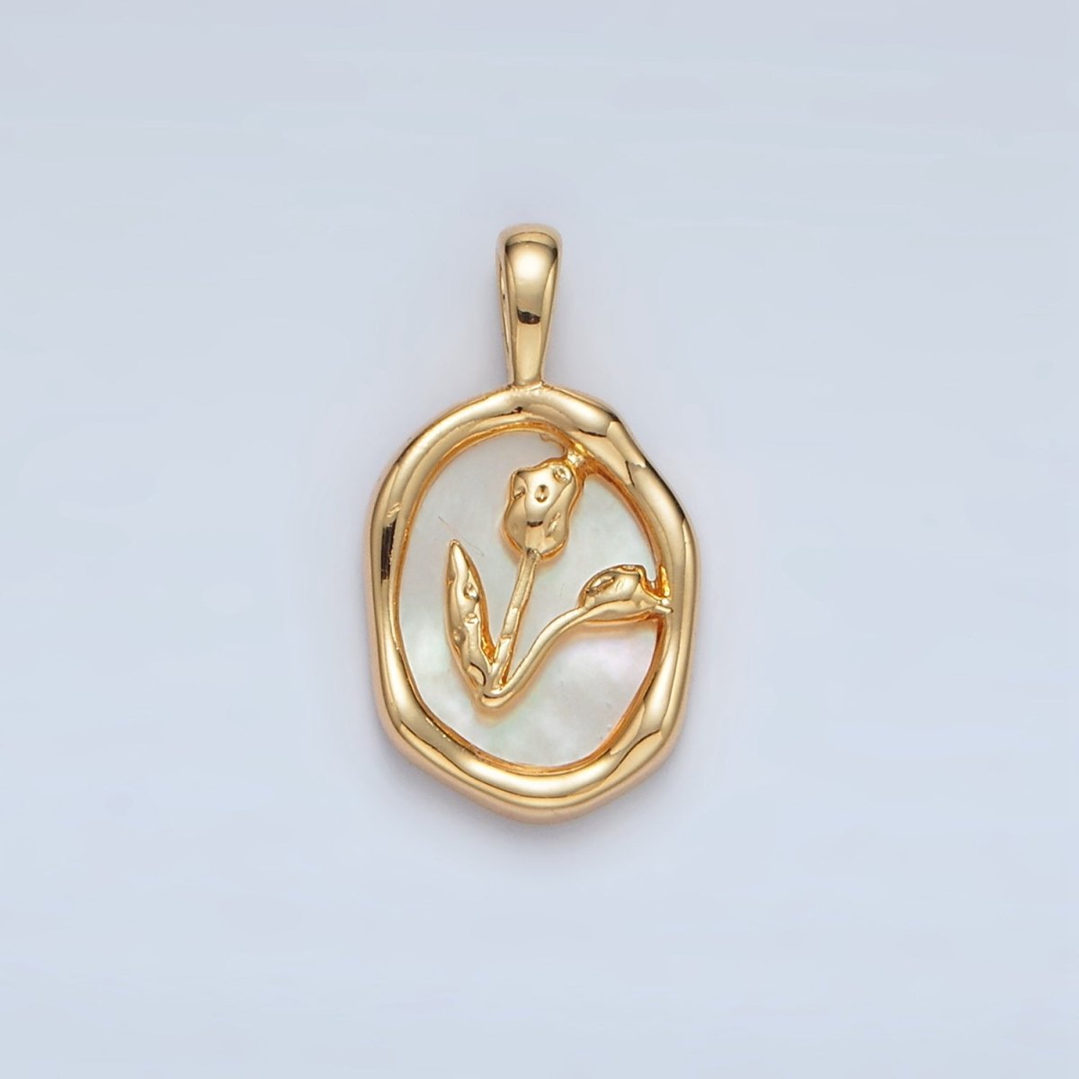 24K Gold Filled Tulip Flower Shell Pearl Molten Stamped Oval Pendant | AA1515 - DLUXCA