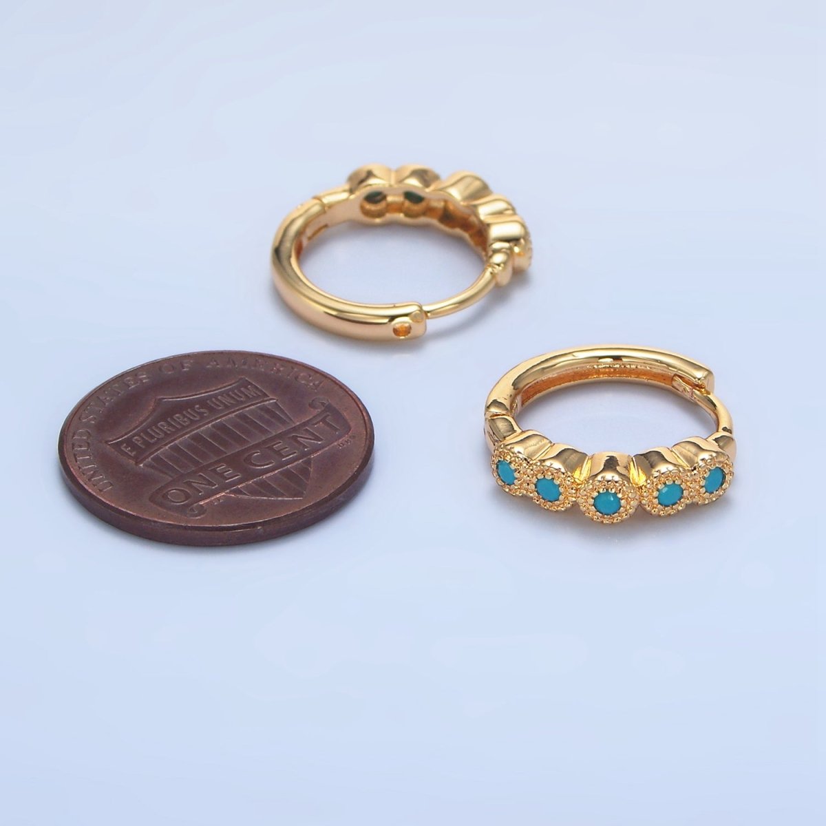 24K Gold Filled Turquoise, Clear CZ Round Dotted Huggie Earrings | P157 P158 - DLUXCA