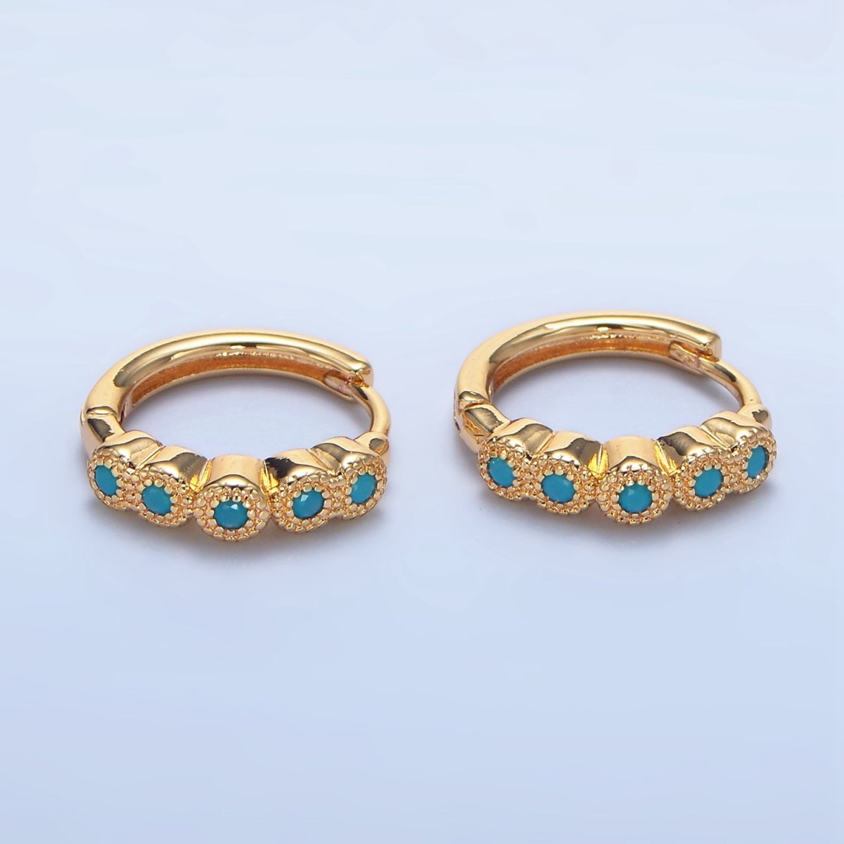 24K Gold Filled Turquoise, Clear CZ Round Dotted Huggie Earrings | P157 P158 - DLUXCA