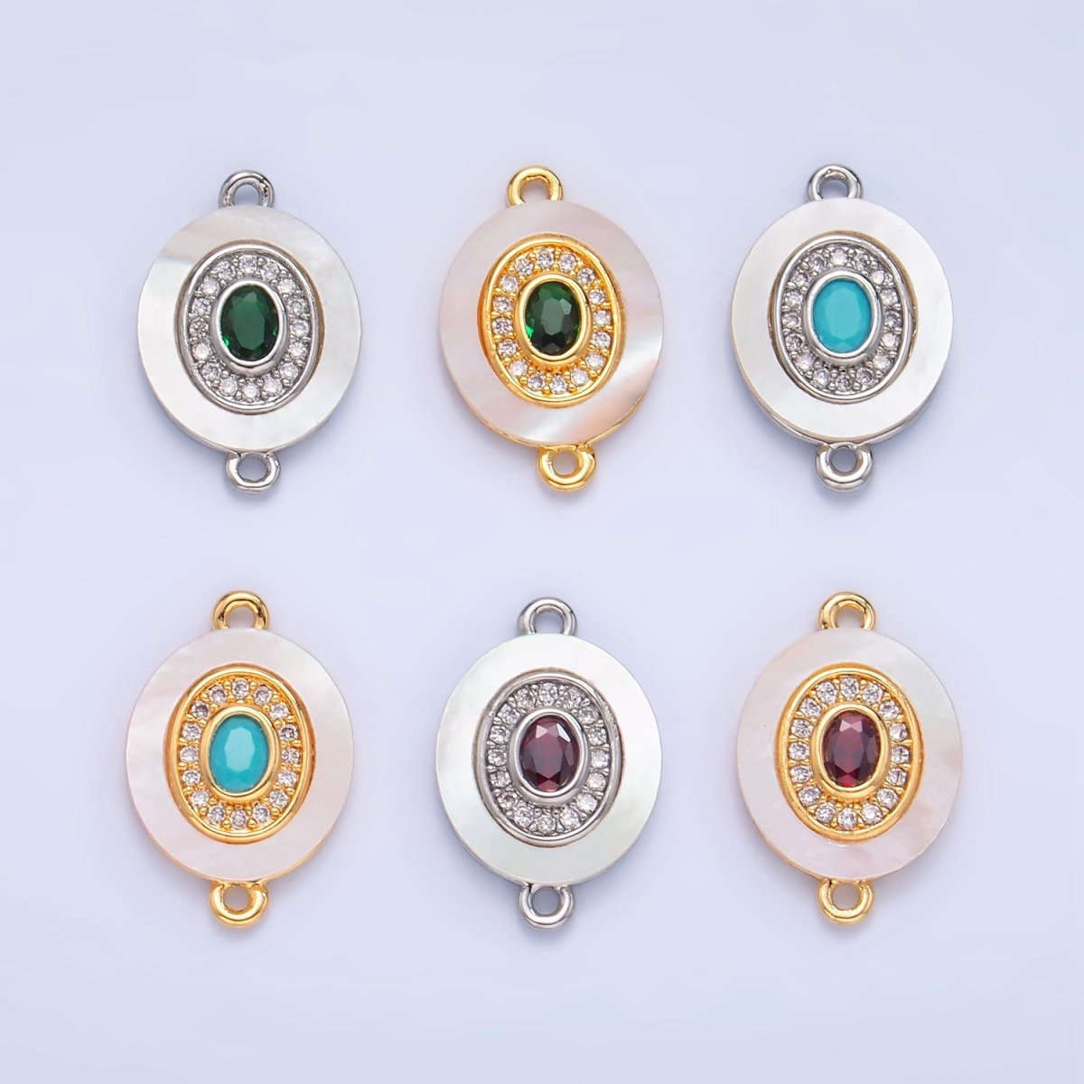 24K Gold Filled Turquoise, Green, Red CZ Shell Pearl Oval Connector | F823 - F831 - DLUXCA