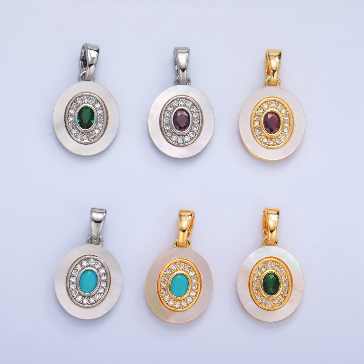 24K Gold Filled Turquoise, Green, Red CZ Shell Pearl Oval Pendant | AA1041 - AA1043 - DLUXCA