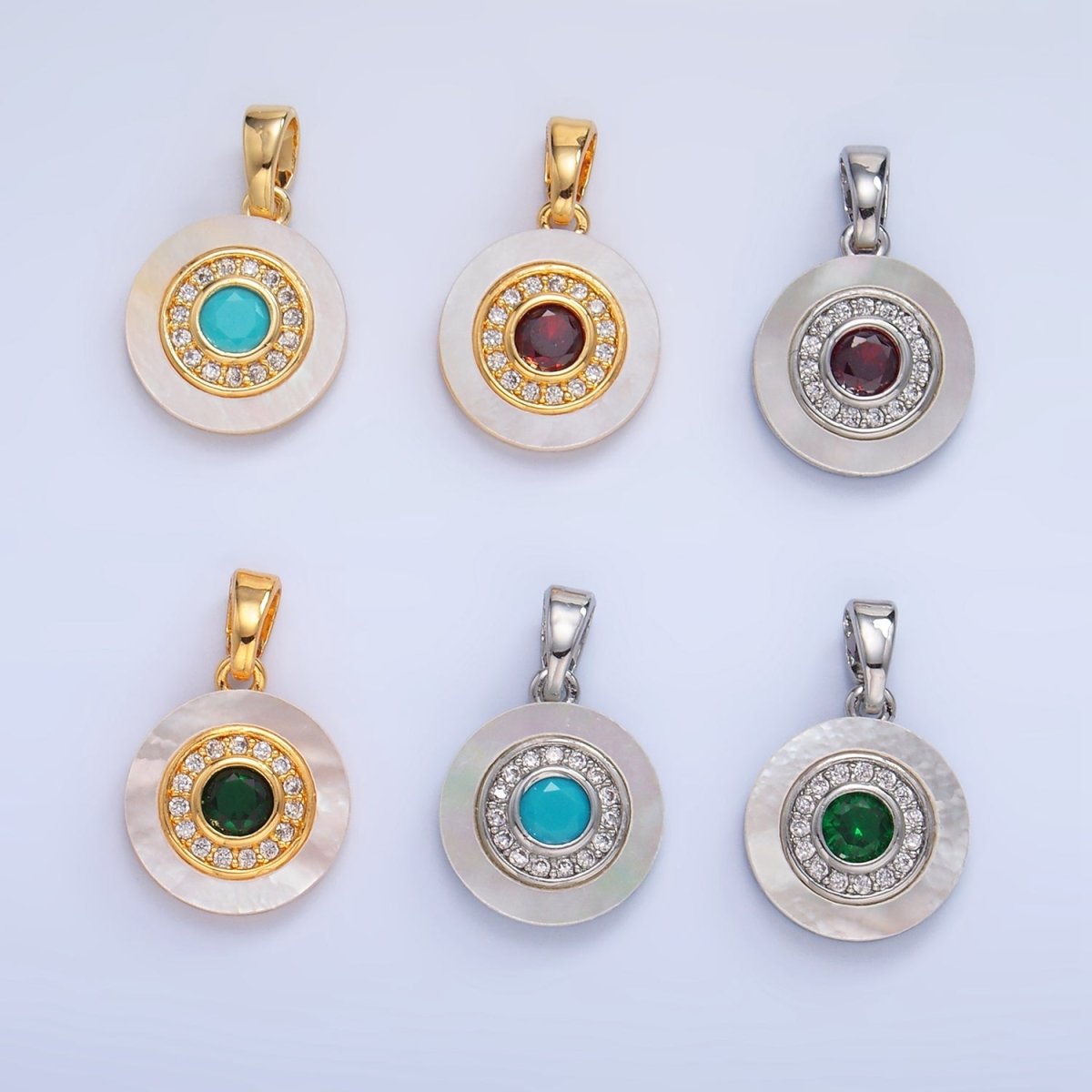 24K Gold Filled Turquoise, Green, Red CZ Shell Pearl Round Pendant | AA1038 - AA1040 - DLUXCA