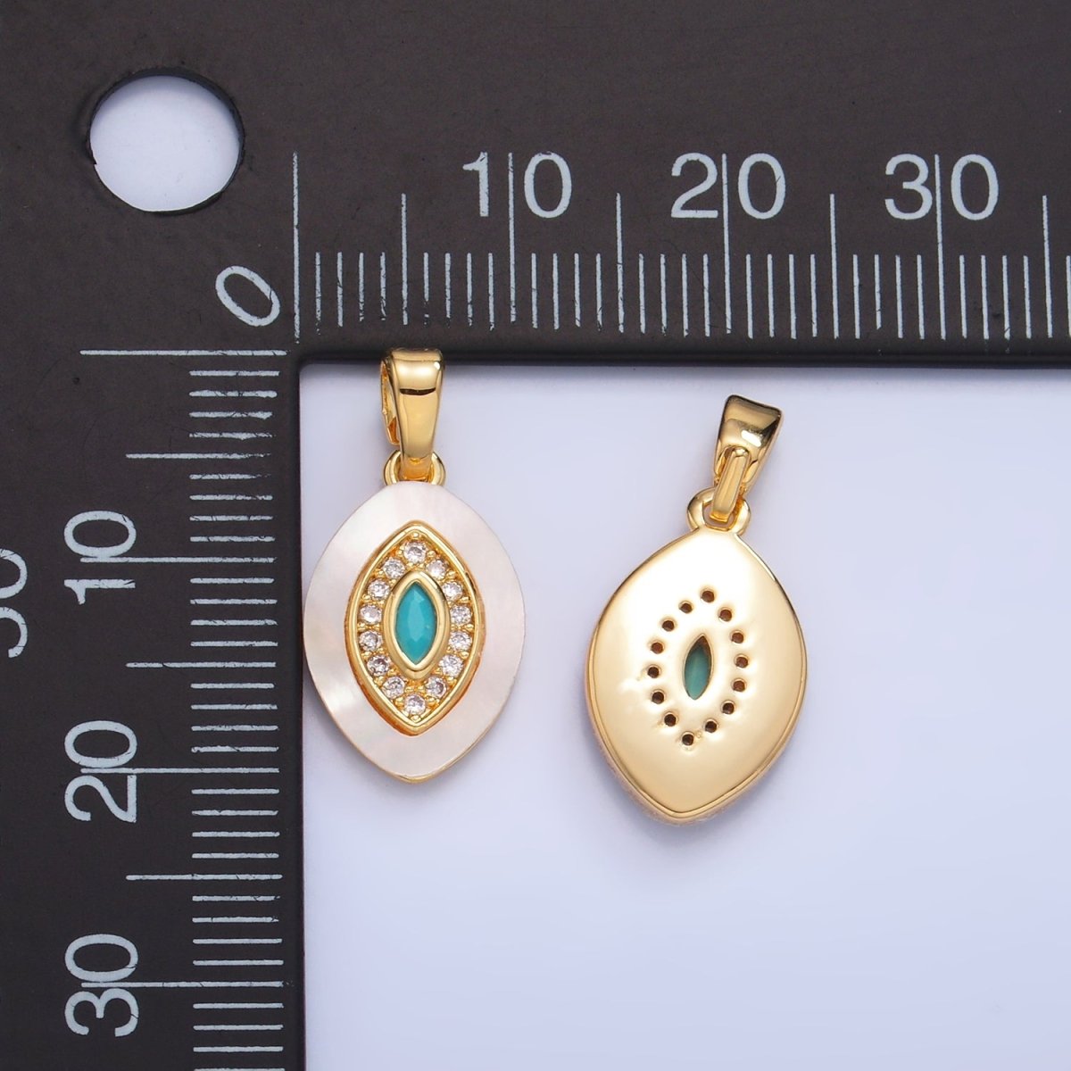 24K Gold Filled Turquoise Micro Paved CZ Shell Pearl Evil Eye Sphere Pendant | AA1052 - DLUXCA