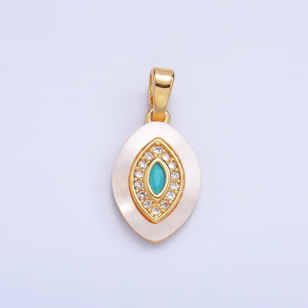 24K Gold Filled Turquoise Micro Paved CZ Shell Pearl Evil Eye Sphere Pendant | AA1052 - DLUXCA