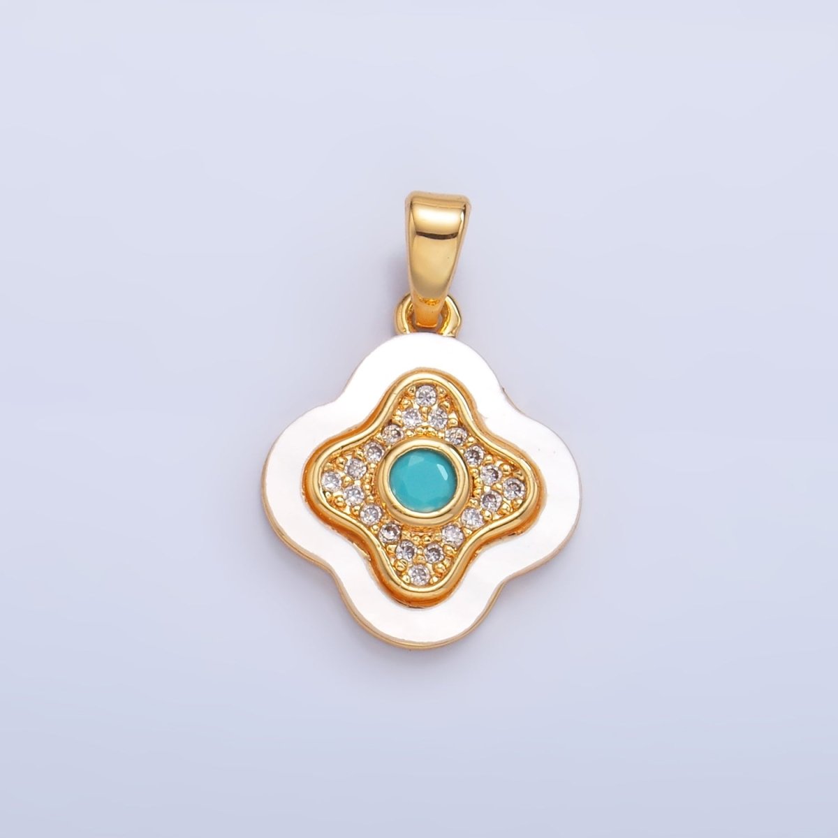 24K Gold Filled Turquoise Micro Paved CZ Shell Pearl Quatrefoil Pendant | AA1053 - DLUXCA