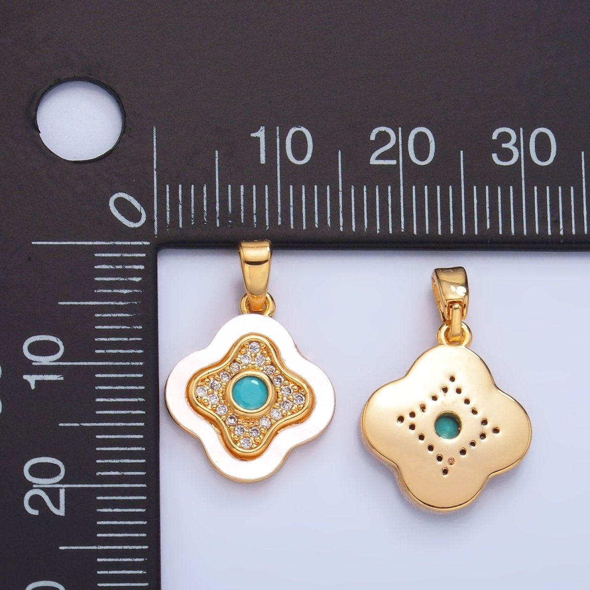 24K Gold Filled Turquoise Micro Paved CZ Shell Pearl Quatrefoil Pendant | AA1053 - DLUXCA