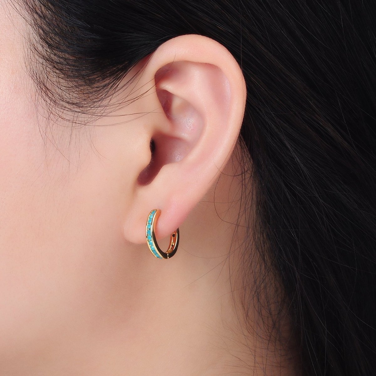 24K Gold Filled Turquoise Micro Paved Huggie Earrings | AD730 - DLUXCA