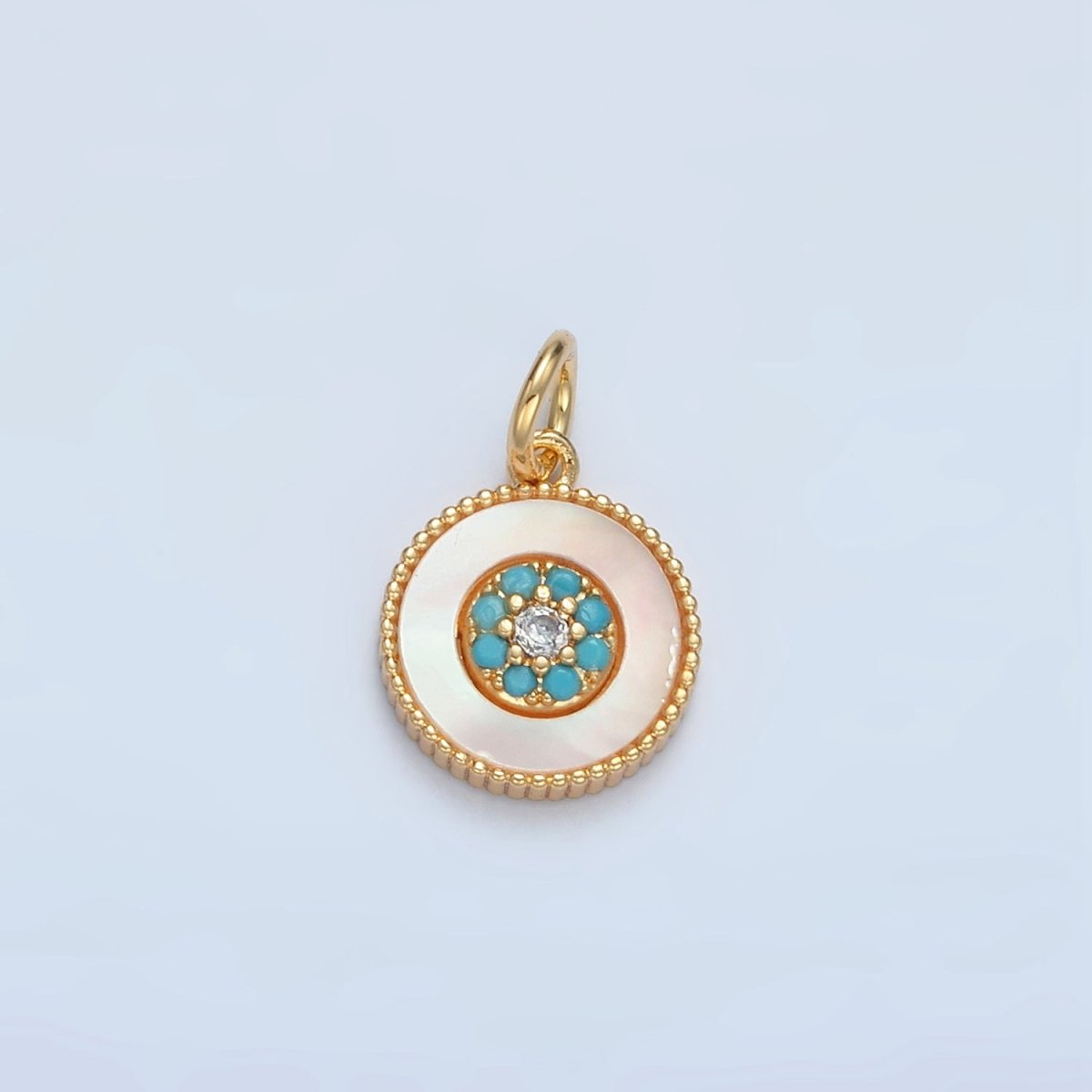 24K Gold Filled Turquoise Micro Paved Shell Pearl Round Charm | M869 - DLUXCA