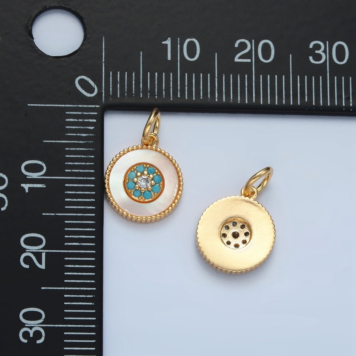 24K Gold Filled Turquoise Micro Paved Shell Pearl Round Charm | M869 - DLUXCA