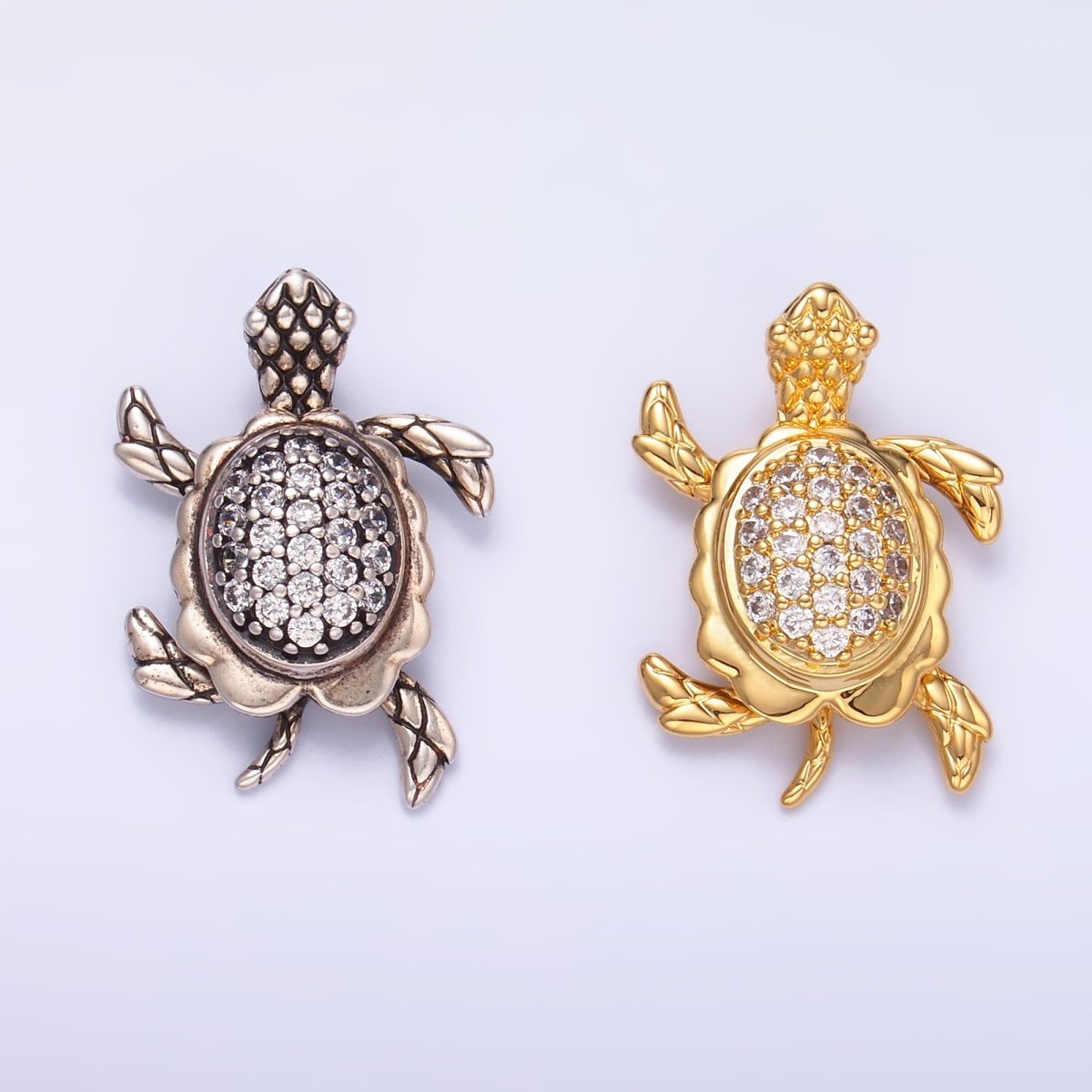 24K Gold Filled Turtle Tortoise Micro Paved CZ Back Loop Pendant in Gold & Silver | AA1079 - DLUXCA