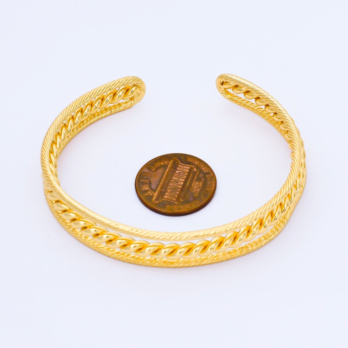 24K Gold Filled Twisted Rope Geometric Triple Band Cuff Bracelet | WA-01687 - DLUXCA