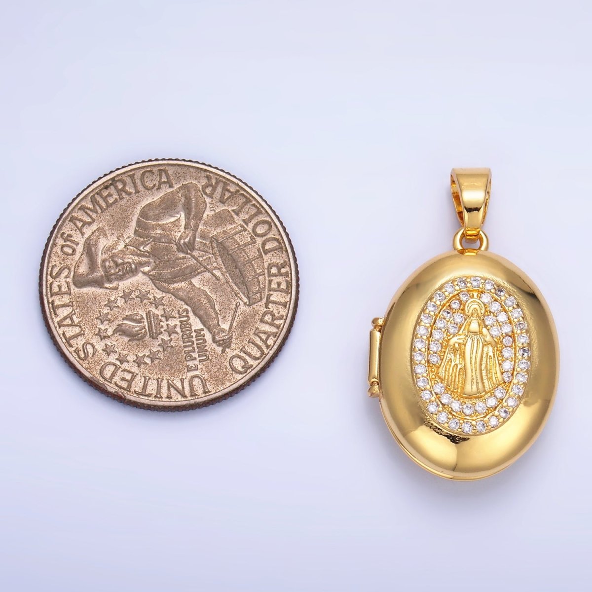 24K Gold Filled Virgin Mary Micro Paved CZ Oval Locket Pendant | AA1088 - DLUXCA