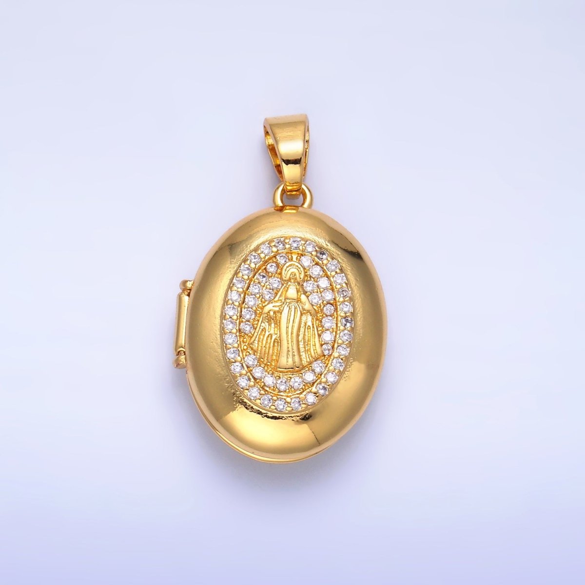 24K Gold Filled Virgin Mary Micro Paved CZ Oval Locket Pendant | AA1088 - DLUXCA