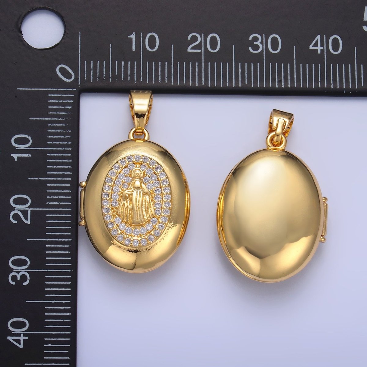 24K Gold Filled Virgin Mary Micro Paved CZ Oval Locket Pendant | AA1088 - DLUXCA