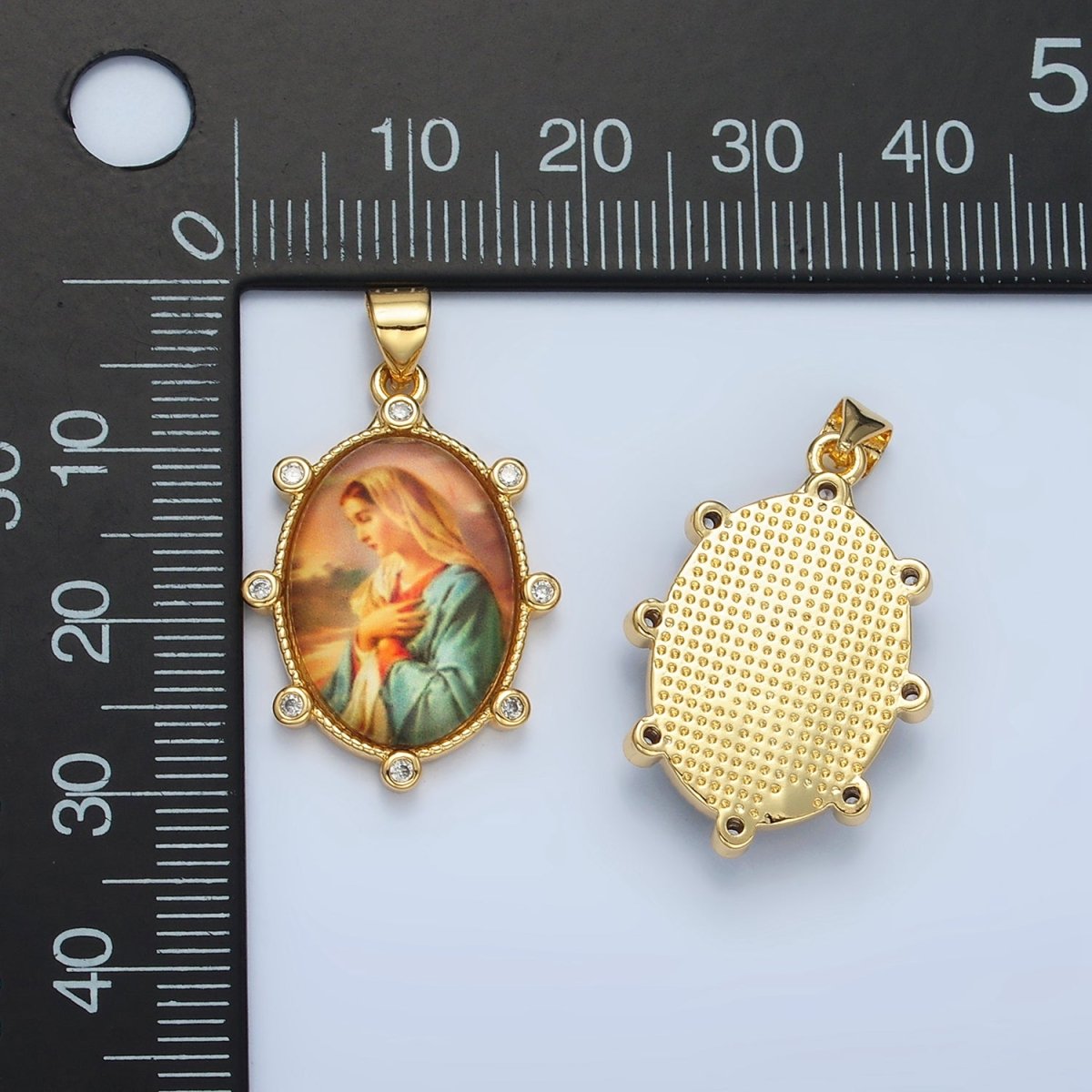 24K Gold Filled Virgin Mother Mary Cubic Zirconia Oval Religious Pendant | AA - 074 - DLUXCA