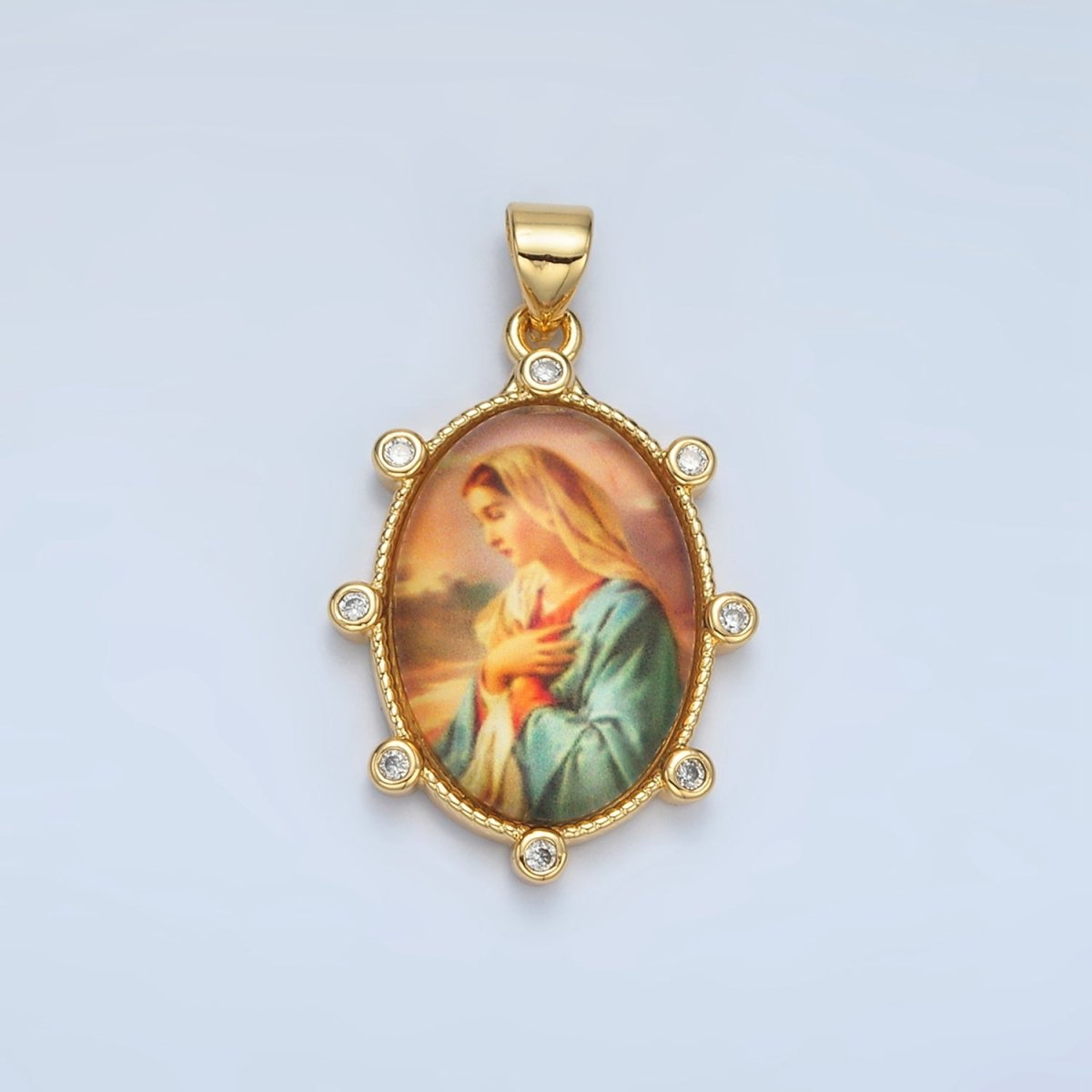 24K Gold Filled Virgin Mother Mary Cubic Zirconia Oval Religious Pendant | AA - 074 - DLUXCA